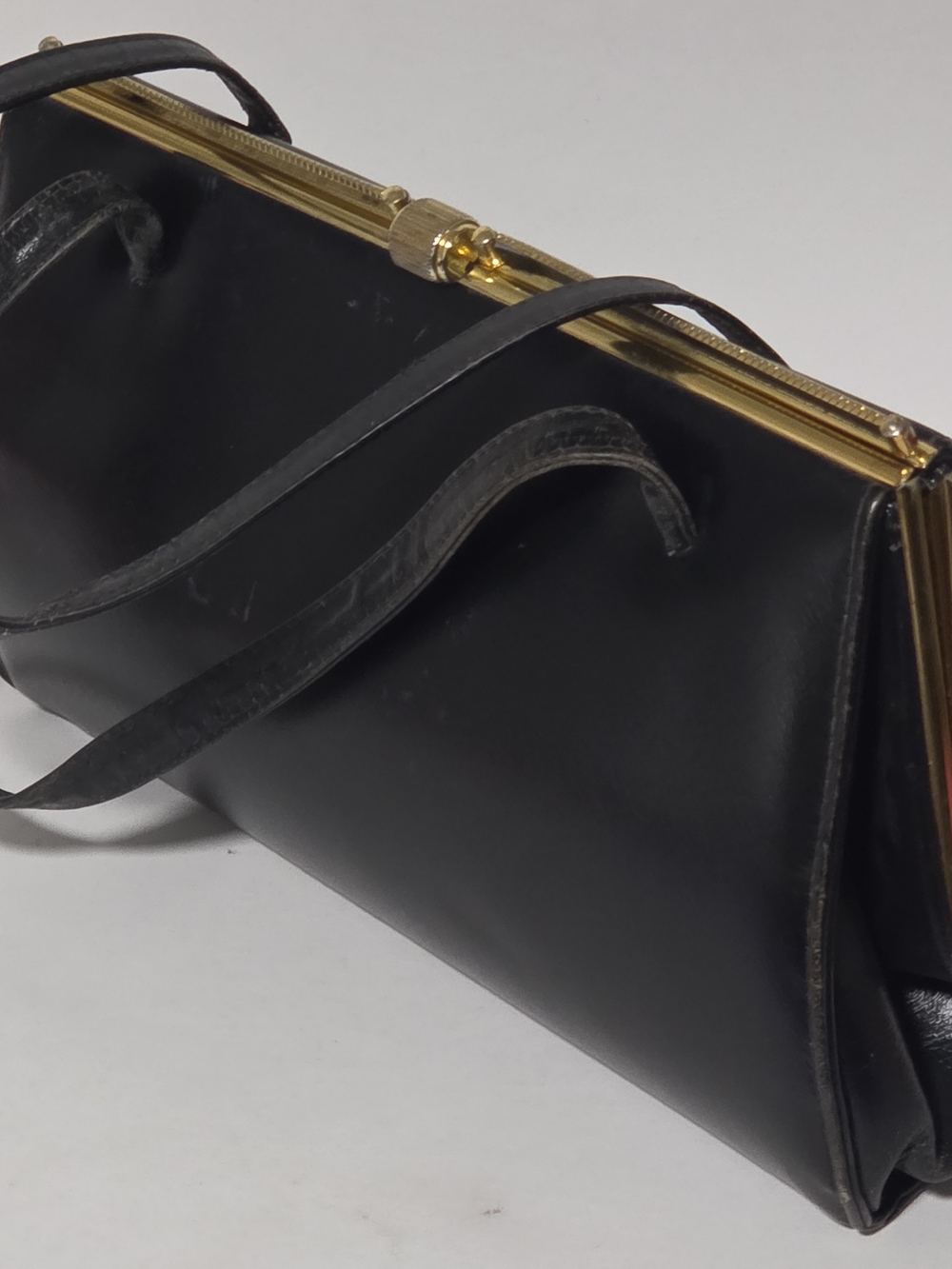 Vintage Dena of Dallas Black Leather Frame Bag LBF England Brass Clasp MCM